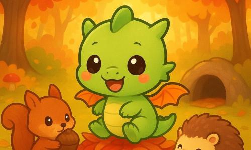 Ein kleiner, niedlicher Baby-Drache steht zentral, lächelnd und fröhlich mit runden, glänzenden Augen, zarter grüner Haut und kleinen orangefarbenen Flügeln, er springt auf einem Haufen roter und gelber Blätter; links vom Drachen sitzt ein rotbraunes Eichhörnchen, konzentriert und zufrieden, eine große braune Nuss zwischen den Pfoten haltend; rechts ein pummeliges Igelchen, lachend, schiebt mit seiner Schnauze eine glänzende Kastanie in Drachenähe; im Hintergrund eine gemütliche Höhle als Zuhause des Drachens mit einem Blattlehm vor dem Eingang; der Herbstwald zeigt rote, orange und gelbe Blätter an geschwungenen Zweigen und einige bunte Pilze am Boden; das Licht ist sanftes Spätnachmittagslicht mit goldenen Strahlen zwischen den Bäumen und warmen Schatten; verspielte, warme, ruhige und kuschelige Atmosphäre, sehr farbenfroh, einfache runde Formen und klare Konturen, leicht lesbar für Kleinkinder.