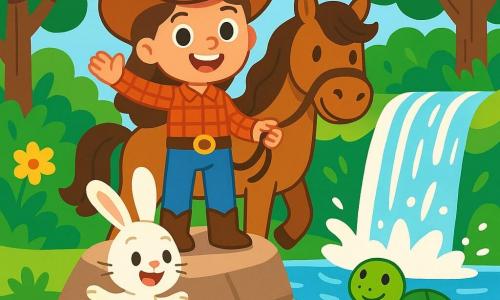 Een dappere cowgirl, Lila, staat op een rots aan de rand van een prachtige waterval, met stralende ogen van vreugde en een grote glimlach op haar gezicht. Ze draagt een leren cowboyhoed, een rood geruit shirt en een blauwe spijkerbroek, en ze houdt de teugels van haar paard, Benny, een prachtige bruine mustang met golvend haar. Naast haar springt Mia, een klein wit konijntje met grote oren, vrolijk rond de stenen, met sprankelende ogen van opwinding. Iets verderop kijkt Sam, een wijze schildpad met een groene schild en zachte ogen, bewonderend naar Lila terwijl hij op een platte steen aan de waterkant zit. De locatie is een weelderig bos met grote bomen met glanzende bladeren, kleurrijke bloemen die eromheen groeien, en een schitterende waterval die in een kristalhelder bassin valt, met sprankelende spetters onder de zon. De belangrijkste situatie toont Lila en haar vrienden die hun avontuur vieren, lachend en spelend bij de waterval, omringd door de schoonheid van de natuur, vervuld van geluk en kameraadschap.