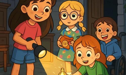 Er zijn 4 kinderen: - Noor: een 8-jarig meisje met lang bruin haar en sprankelende ogen. Ze draagt een roze t-shirt en een spijkerbroek. Noor staat rechtop en houdt een zaklamp vast die de weg voor haar verlicht. - Kim: een 8-jarig meisje met blonde vlechten en ronde brillen. Ze draagt een bloemenjurk en houdt een doos koekjes in haar handen. Kim staat iets achteraan en kijkt nieuwsgierig. - Lisa: een 8-jarig meisje met rood haar en sproeten. Ze draagt een groene t-shirt en zwarte broek. Lisa zit op haar hurken bij een oude kist en bekijkt het glinsterende amulet. - Esra: een 8-jarig meisje met kastanjebruin haar en een grote glimlach. Ze zit in haar rolstoel en draagt een blauwe hoodie. Esra kijkt aandachtig naar haar vriendinnen, klaar om te helpen. De locatie is een oud mysterieus herenhuis met grijze stenen muren bedekt met groene klimop. Het licht van de zaklamp verlicht spinnenwebben in de donkere hoeken, en een groot stoffig tapijt bedekt de krakende houten vloer. Oude meubels staan verspreid en een grote houten deur, die een beetje openstaat, laat de duisternis binnenin zien. De hoofdscène toont de vier vrienden die een oude versierde kist ontdekken met een glinsterend amulet erop. Ze zijn allemaal gefascineerd en nieuwsgierig, klaar om het mysterie van het amulet op te lossen dat hen naar een ongelooflijk avontuur kan leiden.