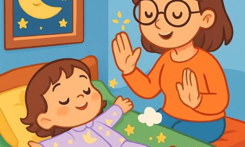 Una bambina di 2 anni, con grandi occhi brillanti e un dolce sorriso, è sdraiata su un letto di muschio morbido e verde. Indossa un pigiama pastello con stelle e lune, e respira profondamente, con le braccia aperte come una piccola stella. Accanto a lei, sua madre, una donna di circa trent'anni con capelli castani e occhiali rotondi, è seduta sul bordo del letto. Sorride teneramente alla figlia, mostrandole come respirare calmamente. La scena si svolge in una camera accogliente, illuminata da una luce soffusa, con pareti dipinte di azzurro cielo e cuscini colorati sparsi attorno. Una finestra lascia intravedere una notte stellata e una luna sorridente. La situazione principale mostra la bambina e sua madre mentre praticano una respirazione zen, circondate da piccole stelle scintillanti e nuvole di dolcezza, creando un'atmosfera pacifica e confortante.
