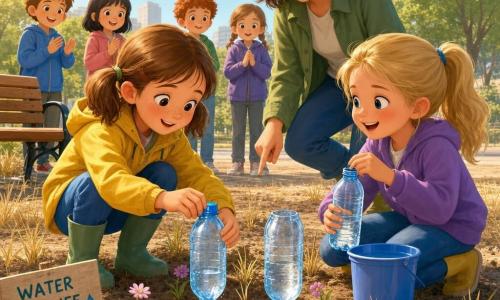 Una niña de 8 años, feliz y concentrada, con pecas y coletas castañas, lleva chaqueta amarilla y botas verdes; coloca una botella de plástico azul convertida en riego por goteo en la tierra. Su amiga Clara, también de 8 años, piel clara y coleta rubia, arrodillada, rellena otra botella y la mira orgullosa. La maestra, mujer de unos 30 años, sonriente y atenta, señala dónde plantar las botellas. Varios niños más pequeños (5–6 años) observan y aplauden al fondo. Lugar: un rincón seco de un parque urbano con suelo polvoriento, césped amarillento, un banco de madera a la izquierda, árboles a lo lejos y un pequeño cartel vegetal artesanal en el suelo. Situación: instalación colectiva de riego por goteo con botellas recicladas — gotas visibles en el tapón, tierra humedeciéndose, flores empezando a reverdecer; luz suave, cielo azul claro y colores vivos.
