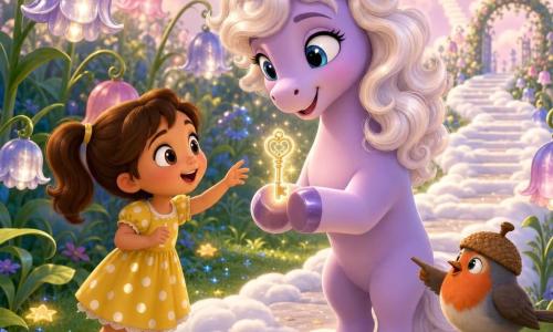 Unicorno femmina di nome Lilla, gioiosa e benevola, criniera riccia color crema, mantello lilla satinato, corna a spirale madreperlacee, occhi azzurri grandi, sorride tenendo una piccola chiave luminosa fluttuante tra gli zoccoli; bambina di 5 anni con capelli castani a code e vestito giallo a pois alla sinistra di Lilla, stupita e con la mano tesa verso la chiave; piccolo pettirosso con microcappello a ghianda posato su una foglia a destra e becco puntato verso un sentiero di nuvole; giardino fatato con erba verde lucente, fiori a campanella argentati, sentiero di nuvole e stelle cadute che scintillano; scena tenera e magica al bordo del sentiero, luce soffusa, pastelli saturi, atmosfera calda e sicura; inquadratura medio-lunga leggermente dal basso per esaltare l'unicorno, profondità con il sentiero che si allarga; stile: texture lisce, contorni netti in cel-shading, illuminazione morbida, ombre sottili e riflessi madreperlacei sulla corna.