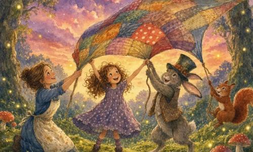 Lina, 8 Jahre, strahlend und schelmisch, zerzauste kastanienbraune Locken, Sommersprossen auf der Nase, leicht abgenutztes gepunktetes Kleid, streckt die Arme und zieht eine große mehrfarbige Patchwork-Decke in den Himmel, breites Lächeln, funkelnde Augen; Max, kleines rotes Eichhörnchen mit buschigem Schwanz, hängt an einer Ecke der Decke, Pfoten an einem Seil, schelmischer Ausdruck; der alte Hase, männlich, wirkt betagt, trägt einen skurrilen hohen Zylinder, seidiges graues Fell und Wolljacke, zieht vergnügt an einer anderen Ecke, leicht neben Lina gebeugt; Linas Mutter, etwa 35, hochgesteckte Haare, schürze mit Mehlflecken, hockt auf Moos, hilft die Decke halten und lächelt leise; magische Lichtung in der Dämmerung: tiefgrüner Moosboden, rote Pilze mit weißen Punkten, hohe knorrige Bäume mit singendem Laub, gelbgoldene Glühwürmchen, violett-oranger Himmel mit ersten Sternen; die Decke wirkt wie ein großer Patchwork-Schirm, den sie humorvoll und zärtlich über den Himmel ziehen, zentrierte Komposition, warme Farben und sichtbare Aquarelltextur.