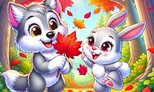 A small gray wolf with soft fur, big bright eyes, and a joyful smile holds a red leaf in its front paws, amazed by its vibrant color. Next to it, a little rabbit with large white ears and sparkling eyes jumps for joy, holding a yellow leaf in its paws. They are in an enchanted forest where majestic trees are adorned with bright red, yellow, and orange leaves, and the ground is covered with a carpet of crunchy leaves. The scene shows the little wolf and the rabbit playing and laughing together, while a gentle breeze makes the leaves dance around them, creating a joyful autumn atmosphere.