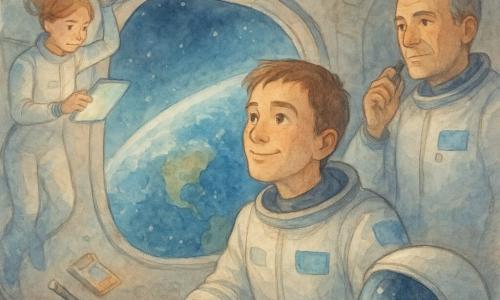 Un uomo astronauta sui trent'anni, sorridente e commosso, osserva la Terra attraverso un grande oblò ovale; indossa una tuta spaziale bianca con dettagli blu, casco accanto, capelli castani corti e viso dolce con fossetta. Dietro di lui un comandante collega di circa 50 anni, serio ma benevolo, tiene un pulsante di comunicazione; a sinistra una giovane ingegnera di circa 28 anni fluttua con i capelli rossi raccolti, tiene una tavoletta luminosa e sistema cavi sospesi. L'interno è la cupola di una stazione spaziale con pareti metalliche chiare, pannelli solari visibili all'esterno e piccoli oggetti galleggianti; dalla finestra si vede la Terra blu e bianca con nuvole e un continente verde, atmosfera dolce e magica, luce fredda blu con riflessi caldi che suggeriscono l'assenza di gravità. Stile: acquerello delicato, colori lavati, contorni morbidi, texture di carta visibile, atmosfera calda e ispirante per bambini.