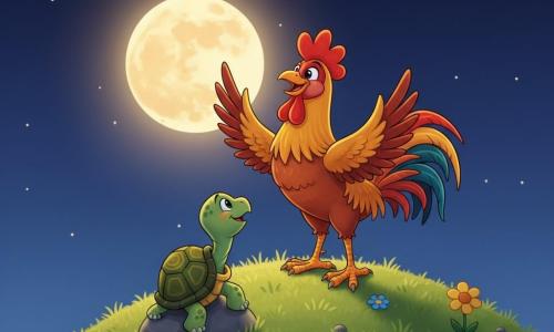 Gallo valiente en la cima de una montaña, expresión maravillada y alegre, plumas doradas y rojas brillantes, cresta roja, patas sólidas, alas ligeramente abiertas hacia la luna; tortuga amiga, lenta y dulce, sentada más abajo sobre una roca, caparazón verde con motivos amarillos, mirada tierna mirando al gallo con admiración; cielo nocturno azul índigo con una gran luna redonda y brillante cerca del horizonte que proyecta rayos dorados suaves; montaña redondeada con hierba corta, flores coloridas y pocas piedras lisas, ambiente calmado y mágico, iluminación suave y contrastes marcados estilo cel-shading; escena esperanzadora y tierna: el gallo apunta el pico a la luna mientras la tortuga lo anima, composición centrada y clara para niños.