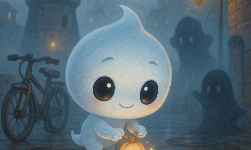 The main character is a small glowing wisp creature, round and floating, silver and pale blue with bright round eyes and a shy smile, gently placing a small golden lantern-ball on a wet dock plank; an ancient anthropomorphic lighthouse stands left in the background, a massive stone silhouette with soft light-eyes and a long white beam sweeping the fog, watching the wisp kindly; a nonthreatening curved shadow figure stands to the right, blurry midnight-blue with clouded edges, stepping back in surprise; a rusty bicycle leans against a wooden crate nearby with peeling paint and a small reflective puddle; the setting is an old urban seaside dock with wet wooden planks, ropes, crates, weathered iron lamp posts, light-diffusing mist, wet brick walls and colorful reflections in dark water; the scene shows the wisp placing the final beacon at the dock edge, the golden orb casting a warm glow that produces a shimmering smile in the air, contrasting soft light with cold mist to create a magical, reassuring atmosphere.