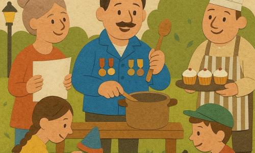 A cheerful, slightly embarrassed heroic man in his thirties with a round face, thin mustache and bright blue jacket covered in shiny medals taps a pot with a wooden spoon to start music; to his left Mabel (30–35) with gray-pink hair in a bun holds a large paper list and smiles; to his right Otto (about 40), a stocky cook in a striped apron, leans forward holding a tray of intact cupcakes; two children—Luna (8) with braided hair gluing a small paper hat to a nearby bench, and Max (9) in a green cap drawing a map on the ground with a thick marker—play in front of the bench; a costumed little duck, Sir Quack-a-Lot, walks in the foreground wearing a red cape and a mischievous look; the setting is a bright twilight park with textured green grass, a large wooden bench already holding a big blue hat and a small scarf, paper garlands between lampposts, confetti and cupcakes on a checkered blanket; the scene shows a joyful, organized party being prepared for the bench with characters decorating, laughing and keeping rhythm, in layered paper-cutout style with saturated colors, cardboard textures, visible glue and rough edges for a collage effect.