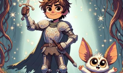 In the center of the image, a young man named Cedric stands proudly, dressed in shimmering armor that reflects the sun's rays. He has tousled brown hair and determined eyes, firmly holding his enchanted sword, ready to defend the kingdom. His face shows both courage and a slight smile, indicating he is prepared for the challenge ahead. Beside him, Fizzle, a small Spriggan with large ears and sparkling eyes, joyfully jumps. He has soft, fluffy fur and a little tuft of hair on his head. Fizzle raises a hand, casting sparks of light to encourage Cedric, wearing a mischievous and enthusiastic expression. The setting unfolds in a shadowy valley, where twisted trees and gnarled branches create a mysterious atmosphere. Shadows dance around them as a halo of light emanates from the Crystal of Light, resting on an ancient stone altar adorned with magical runes. The scene captures the moment Cedric, armed with his sword, prepares to confront the evil sorcerer looming before him, a dark and menacing figure, while the crystal's light illuminates the path of bravery.