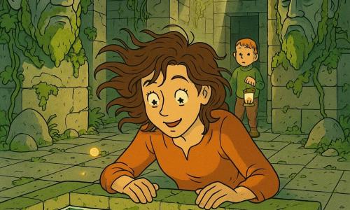 A woman, Elara, with a soft determined face and wind-tousled brown hair, eyes bright like stars, stands serenely with her hands on the edge of a crystalline pool, leaning to watch her reflection; an about 8-year-old curious blond boy watches shyly from the temple entrance a few steps behind her, clutching a small lantern; two large weathered stone statues covered in ivy and moss frame the pool like silent guardians; the setting is an ancient stone temple on an island, cracked walls with roots and vines, wet flagstones reflecting light, sunbeams filtering through a hole in the roof, creating a peaceful, magical atmosphere; the pool shimmers with small luminous visions of the past—floating light bubbles—and the composition centers on the pool and Elara’s awed face, in warm golds and deep greens.