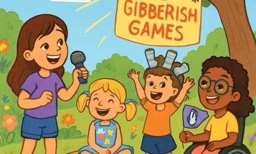 There are 4 children: Mia, an 8-year-old girl with long brown hair, wearing a purple t-shirt and denim shorts, holding a toy microphone and smiling enthusiastically; Lila, a 6-year-old girl with blonde pigtails, dressed in a colorful floral dress, sitting cross-legged on a cushion with a big smile; Harper, a 9-year-old girl with short brown hair, wearing a crown made of socks, standing with her arms raised as if announcing an event; and Zoe, a 7-year-old girl in a wheelchair, with curly hair and glasses, joyfully smiling while holding a homemade flag, ready to cheer for her friends. The scene takes place in a sunny garden filled with colorful flowers, scattered toys, and a large patterned blanket under a big tree. The blue sky has a few white clouds, and sunlight brightens the scene. The main situation shows the children in a friendly competition during the 