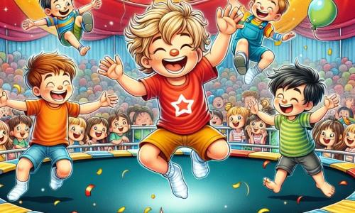 Im Zentrum des Bildes springen drei Jungen fröhlich auf einem großen Trampolin. Max, ein 8-jähriger Junge mit zerzausten blonden Haaren und einem roten T-Shirt, lächelt in die Luft. Rechts von ihm hebt Leo, ein 7-jähriger Junge mit braunen Haaren und einem blauen T-Shirt, lachend die Arme. Links macht Ben, ein 6-jähriger Junge mit schwarzen Haaren und einem grünen T-Shirt, eine lustige Grimasse beim Springen. Im Hintergrund ist das Zirkuszelt bunt, mit roten und gelben Streifen, die im Licht glänzen. Luftballons schweben und begeisterte Zuschauer schauen den Jungen lächelnd zu. Die Szene zeigt die Jungen, die auf dem Trampolin Spaß haben, umgeben von einer festlichen Atmosphäre, mit fallenden Konfetti und einem lachenden Clown daneben, der bereit ist, sich ihnen beim Springen anzuschließen.