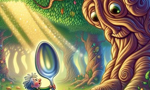 No coração de uma floresta misteriosa, uma pequena colher de metal brilhante, chamada Clara, se posiciona corajosamente no centro da imagem. Seus olhos brilham de excitação e determinação enquanto observa uma grande árvore antiga, cujos galhos formam um rosto amigável. A árvore, com seu tronco nodoso e suas folhas verdes luxuriantes, sorri suavemente para Clara, seus olhos calorosos refletindo sabedoria e bondade. Ela está logo atrás de Clara, como uma protetora, pronta para ajudá-la em sua busca. A floresta é envolta por uma luz suave e dourada, com sombras dançantes que se movem entre os troncos. Flores coloridas e cogumelos de formas estranhas salpicam o chão, acrescentando um toque de magia ao ambiente. Clara, com um semblante determinado, se prepara para resolver o enigma da árvore e libertar a floresta de um antigo feitiço. As folhas sussurram ao seu redor, criando uma atmosfera ao mesmo tempo misteriosa e encantadora.