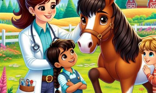 Clara, uma veterinária de cerca de trinta anos, tem cabelos castanhos presos em um rabo de cavalo e usa um jaleco branco com bolsos cheios de ferramentas. Ela sorri gentilmente, agachada ao lado de um garanhão de pelagem marrom, acariciando seu pescoço com ternura. Perto dela, Miguel, um garoto de 10 anos com cabelos castanhos e olhos brilhantes, observa fascinado, segurando um pequeno caderno, pronto para anotar. Ana, uma menina de 8 anos com tranças loiras, está ao lado dele, com os olhos arregalados, demonstrando grande interesse pelo garanhão. O cenário é um encantador e colorido campo da fazenda, cercado por flores silvestres e grandes árvores verdes, sob um céu azul radiante e um sol brilhante. A cena principal mostra Clara examinando o garanhão, enquanto as crianças a observam atentamente, cativadas pelo cuidado e amor que Clara tem pelos animais.
