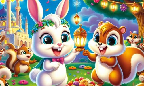 Benny, a small fluffy white rabbit with bright eyes, smiles joyfully while holding a beautiful sparkling magic lantern in his paws. He stands on a green lawn surrounded by colorful flowers, his face radiating excitement and pride. Next to him, Mr. Squirrel, a red-furred squirrel with sparkling eyes, jumps for joy, raising his arms to show his enthusiasm for the found lantern. He is slightly behind near a majestic tree with branches full of green leaves. The scene is set in the lively square of Animalville, decorated with hanging lanterns and flower garlands, with animals gathered around a large table filled with colorful treats for the Ramadan meal. The main situation shows Benny and Mr. Squirrel celebrating the magic of the evening, surrounded by smiling animal friends, all ready to share a joyful feast under a starry sky.