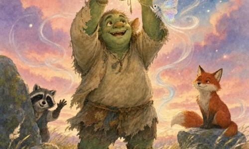 Brindle the ogre, happy and awed, holds the glittering talisman above his head; soft green skin, round warm eyes, petal-like ears, worn linen clothes and muddy boots, open posture and broad smile. A small glowing moth perches on his shoulder, translucent iridescent wings, curious as it brushes the talisman. A red fox sits a bit back on a flat rock, shiny russet fur, mischievous but calm eyes, bushy tail curled, watching. An elegant raccoon hides behind a stone to the left, distinct facial mask, small vest, winking and waving a paw. The place: a golden grassy hill at dusk, swaying tall grass, pink-and-blue sky, mossy gray stones and translucent swirling winds. Main moment: the ogre returns the talisman, winds swirl with light, grass dances and small light particles rise — a joyful restoration of the land's breath.