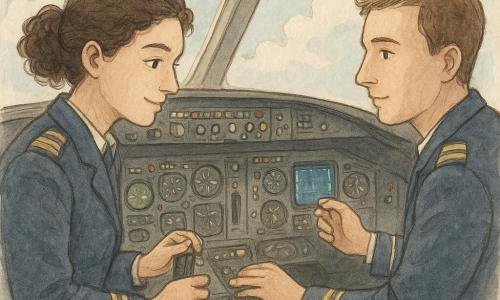 Vrouwelijke piloot ~28, donkerbruin krullend haar naar achter, geconcentreerd serein gezicht, draagt donkerblauwe pilotenblouse met gouden schouderstukken, houdt het stuur vast en stelt een knop op het dashboard bij, mannelijke copiloot ~30 rechts, kalm en alert, kort kastanjebruin haar, reikt naar een wijzer, zelfde tenue, gedetailleerde cockpit met zwarte console en gekleurde lampjes, groene en blauwe navigatieschermen, chromen hendels, labels en zichtbare bedrading, raampjes met donzige wolken, zacht ochtendlicht en lichte schaduwen, warme pastel aquareltonen, scène van samenwerking: piloot hoort een klein geluid (zelfverzekerde glimlach), corrigeert een bediening en copiloot bevestigt, sfeer van rustige concentratie en vertrouwen, fijn potloodlijnen voor contouren, subtiele arcering voor schaduwen en lichte aquarelwasjes, duidelijke stof- en metaaltexturen.