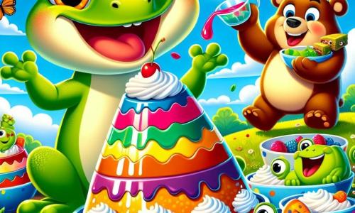 Gijs de gekko, met zijn stralende groene huid en grote ronde ogen, springt van blijdschap met een grote glimlach op zijn gezicht terwijl hij een hoge toren van pudding met kleurrijke lagen bouwt. Kiki de kikker, met haar groene huid en gele vlekken, staat naast hem en giet kersensaus over de toren, haar gezicht straalt van opwinding. Boris de beer, groot en harig met een bruine vacht, lacht terwijl hij een enorme kom pudding vasthoudt, klaar om erin te duiken, met een blije en vrolijke uitdrukking. Suus de slak, met haar kleurrijke spiraalschelp, kijkt met een ondeugende glimlach terwijl ze een klein puddingtje in haar kleine pootjes vasthoudt. De scène speelt zich af in een zonnige tuin, vol kleurrijke bloemen en groene bomen, met vlinders die om hen heen fladderen. De vrienden zijn omringd door kommen, lepels en slagroom, wat een vrolijke en speelse sfeer creëert terwijl ze zich vermaken met het bouwen van de grootste en grappigste pudding.