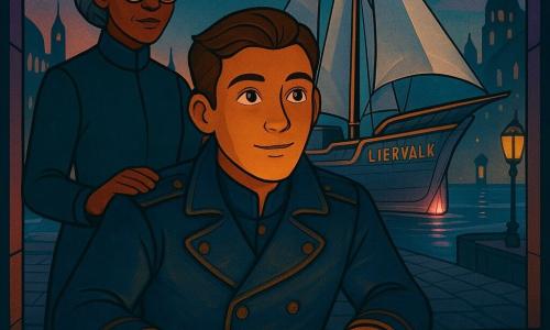 Een volwassen man (ongeveer 35), Aurel Vann, staat op de voorgrond met een geconcentreerd, dromerig gezicht en glanzende ogen; hij draagt een versleten diepblauwe leren kapiteinsjas, heeft kort bruin haar en eeltige handen op een houten tafel waarop een ronde translucente stenen sterrenkaart fonkelt. Een volwassen vrouw (ongeveer 45), Sira Kade, staat net achter hem links, rechtop, met ronde bril, gevlochten grijs haar en een ernstige, beschermende blik; ze reikt naar het gesloten luik van het schip alsof ze een laatste raad geeft. Rechts op de achtergrond ligt het schip Liervalk, half zeilschip half vaartuig, met gepolijste stalen romp en zilveren zeilen die licht vangen, en een kristalreactor die aan de spiegel een lichtroze gloed uitstraalt. Op de kaart staan drie lichtgevende symbolen — een gouden spiraal, een zilveren tandwiel met een ster en een traanvormige blauwe rune — die als mini‑neons glanzen. Decor: de kade van Nebel‑Saffier bij schemering met natte keien, kwalvormige drone‑lantaarns en torens van glas en maansteen die paarse en teal tinten reflecteren. In de lucht een donkere silhouet van een keizerlijke patrouillevaartuig dat witte stralen door dunne wolken werpt. Sfeer van heroïsche beslissing: Aurel kiest zijn eerste koers door zijn hand op de lichtgevende kaart te leggen, zachte spanning en belofte van avontuur. Grafische art‑decostijl met geometrische lijnen, verzadigde kleuren en glanzende metalen texturen.
