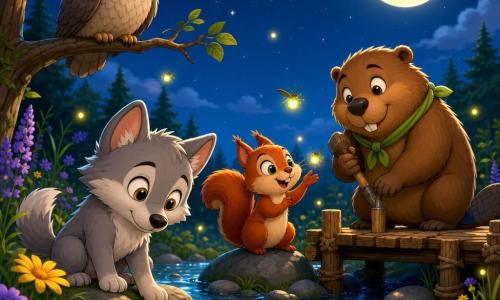 Un pequeño lobo gris claro de pelaje suave y ojos grandes y brillantes, curioso y maravillado, sentado junto al arroyo con la cabeza inclinada hacia el agua; una ardilla rojiza de pelaje esponjoso y cola frondosa, alegre y excitada, sobre una piedra mirando las luciérnagas; un castor marrón, robusto y sonriente, con una bufanda verde, astuto y concentrado, de pie en un embarcadero de madera que construyó sosteniendo una herramienta; un búho gris beige de ojos sabios y plumas suaves, calmado y atento, posado en una rama baja observando la escena; el arroyo claro entre piedras lisas con reflejos plateados y pequeñas salpicaduras, hierbas altas y flores silvestres, luciérnagas amarillas flotando; noche suave con luna llena brillante y cielo azul profundo estrellado, ambiente mágico y apacible; escena centrada en los pequeños aventureros escuchando el canto del arroyo, luz lunar en sus rostros, expresiones visibles, colores cálidos y contraste nítido, estilo infantil y acogedor.