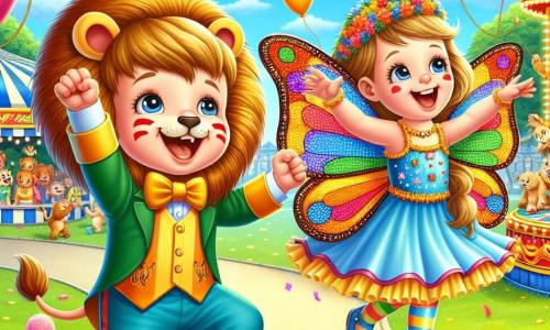 Un niño de 2 años, llamado Pablo, está disfrazado de león con una gran melena dorada y una sonrisa radiante. Salta de alegría, con los brazos en alto, rodeado de colores vivos y globos flotantes. A su lado, su mejor amiga Clara, una niña de 3 años, viste un disfraz de mariposa con alas multicolores que brillan al sol. Ella baila alegremente, como si volara. El escenario es un parque animado, lleno de puestos de carnaval decorados con guirnaldas coloridas, juegos y risas de niños. Los árboles verdes bordean el camino y globos flotan en el cielo azul. Pablo lanza un aro hacia una botella, con Clara animándolo. La emoción y la alegría del evento se sienten en el aire, creando una atmósfera festiva y mágica.