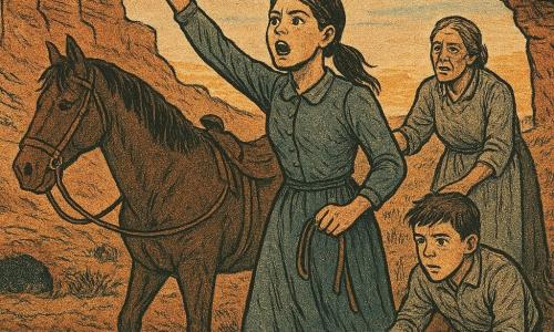 Joven (Lucía), decidida y concentrada, rostro con polvo, cabello castaño recogido en coleta, ojos grandes mirando al horizonte; de pie en un promontorio rocoso, sujetando la brida de su yegua Mora con una mano y levantando la otra gritando 