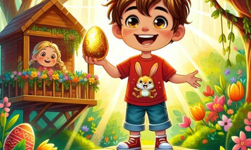 Un niño de 8 años, llamado Julián, está de pie en una pequeña plataforma de madera de una casita en el árbol, con una gran sonrisa en su rostro. Tiene el pelo castaño desordenado, ojos brillantes de alegría y lleva una camiseta roja con un dibujo de conejo, además de pantalones cortos de mezclilla. Julián sostiene un huevo dorado brillante en sus manos, levantándolo con orgullo sobre su cabeza. A su lado, su hermana Clara, una niña de 6 años con largas trenzas rubias, está sentada en una rama, con los ojos abiertos de emoción. Lleva un vestido de flores coloridas y mira a su hermano con admiración, lista para animarlo. El lugar es un jardín primaveral exuberante, lleno de flores coloridas, árboles verdes y rayos de sol que se filtran a través de las hojas. Huevos de Pascua multicolores están escondidos en la hierba, añadiendo un toque festivo al entorno. La situación principal muestra a Julián descubriendo el huevo mágico dorado, un momento de triunfo y felicidad, mientras la familia se reúne abajo para celebrar su descubrimiento.