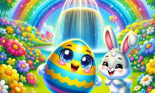 Un pequeño huevo colorido llamado Huevito, con rayas azules y amarillas brillantes, está en el centro de la imagen, sonriendo con ojos chispeantes de alegría, saltando de felicidad en un jardín lleno de flores. A su lado, un adorable conejito blanco llamado Conejito, con grandes orejas y una cara amigable, mira a Huevito con una sonrisa entusiasta, listo para ayudarlo en su búsqueda. Al fondo, una magnífica fuente de agua brillante con colores del arcoíris brota entre flores deslumbrantes, creando una atmósfera mágica y alegre. La escena muestra a Huevito y Conejito buscando huevos escondidos, rodeados de flores coloridas y mariposas en un jardín soleado, simbolizando el espíritu de la fiesta de Pascua.