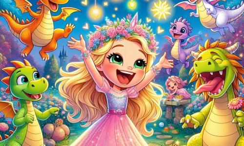Una principessa felice, Amelia, di circa 10 anni, con lunghi capelli dorati e un vestito scintillante rosa pastello, danza con un grande sorriso, circondata da draghi. Rufus, un drago divertente con un naso a trombetta e scaglie verdi, è accanto a lei, ridendo e sputando piccole fiamme colorate. Serafina, una drago con scaglie argentate, vola sopra di loro, cantando gioiosamente, con le sue ali brillanti che catturano la luce del sole. La scena si svolge in un giardino incantato, pieno di fiori multicolori che danzano nel vento, con un grande albero dai fogliami sgargianti sullo sfondo. Luci scintillanti pendono dai rami, creando un'atmosfera festosa. Amelia e i suoi amici draghi stanno preparando una grande festa, ridendo e divertendosi insieme, mentre le stelle iniziano a comparire nel cielo blu.