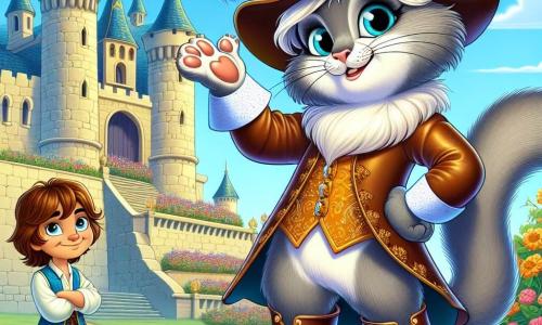 Il Gatto con gli Stivali, un felino elegante con pelo setoso e occhi scintillanti, indossa stivali lucenti e un cappello con piume colorate. Sorride maliziosamente mentre si erge fiero su una pietra, alzando una zampa come per salutare il pubblico. Accanto a lui, Tommaso, un ragazzo di circa 12 anni con capelli castani in disordine e vestiti semplici ma puliti, guarda il Gatto con ammirazione. Si tiene leggermente in disparte, con le braccia incrociate e un'espressione di curiosità e meraviglia. La scena si svolge davanti a un maestoso castello di pietra, con torri slanciate e bandiere che sventolano al vento. Fiori colorati bordano il sentiero che porta all'ingresso, e un cielo blu splendente illumina l'intera scena. Il Gatto e Tommaso si preparano a entrare nel castello per incontrare il re, simboleggiando l'inizio della loro grande avventura. Il Gatto, con un atteggiamento sicuro, sembra pronto a conquistare il mondo, mentre Tommaso, un po' nervoso ma emozionato, si appresta a scoprire il suo nuovo destino.