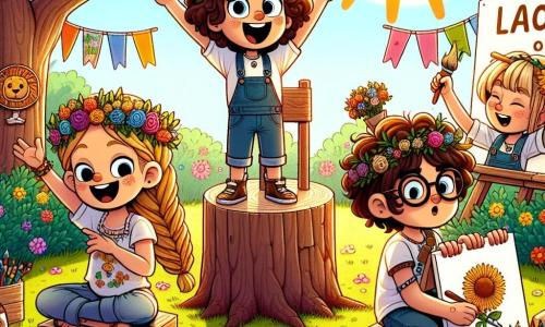 Un ragazzo di 9 anni, Marco, con capelli castani e ricci, indossa occhiali rotondi e una maglietta colorata. Sorride ampiamente, pieno di entusiasmo, mentre sta in piedi su un tronco di legno, alzando le braccia per annunciare l'inizio del torneo. Accanto a lui, la sua migliore amica Giulia, una ragazza di 9 anni con lunghi capelli biondi intrecciati, indossa una corona di fiori e ride felicemente, tenendo un grande cartello decorato per il torneo. Leo, un ragazzo di 9 anni con occhiali spessi e un cappellino al contrario, esce da una scatola di cartone, con un'espressione un po' confusa ma divertita, mentre Sara, una ragazza di 9 anni con occhiali da sole e un grembiule da pittura, è seduta a terra a dipingere trofei colorati. 

Lo scenario è un giardino soleggiato, pieno di fiori colorati e festoni fatti a mano, con un grande albero al centro dove è installato un trono di legno. 

La scena mostra Marco che annuncia con entusiasmo l'inizio del "Grande Torneo dei Super Amici", mentre tutti i suoi amici ridono e si preparano per i giochi, creando un'atmosfera gioiosa e piena di energia.