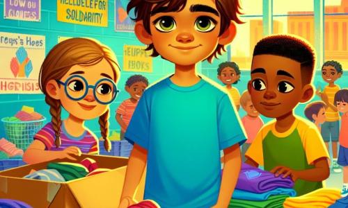 A 12-year-old boy named Jasper stands at the center of the image, with messy brown hair and curious sparkling eyes. He wears a bright blue t-shirt and worn jeans, displaying a determined and empathetic expression. Next to him is an 11-year-old girl, Emily, with braided blonde hair and round glasses, smiling while holding a donation box. Further along, a 12-year-old boy, Carlos, with black hair and tanned skin, is sorting clothes from a colorful pile, looking focused. The setting is a warm community center with brightly painted walls and posters encouraging solidarity. Tables are filled with boxes of food and clothing, while a group of children and adults bustle around, creating an atmosphere of camaraderie and support. The main scene shows Jasper, Emily, and Carlos working together to organize a donation drive, with smiles and friendly gestures, illustrating the spirit of community and the desire to help those in need.