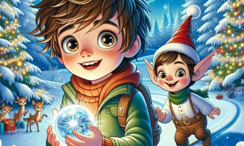 Un niño de 9 años, Tomás, con cabello castaño despeinado y ojos llenos de curiosidad, se encuentra en el centro de la escena, sosteniendo una esfera de cristal brillante en sus manos. Su rostro expresa asombro y alegría mientras mira a su alrededor con una amplia sonrisa. A su lado, un duende llamado Pipin, que parece tener unos 100 años pero con la apariencia de un niño, lleva un pequeño sombrero rojo puntiagudo y tiene orejas puntiagudas. Sonríe traviesamente y señala un camino nevado que se extiende ante ellos, como si invitara a Tomás a seguirlo. El escenario es un hermoso bosque nevado, donde los majestuosos árboles están cubiertos de nieve brillante bajo la luz de la luna. Copos de nieve caen suavemente, creando una atmósfera mágica, mientras un trineo decorado con guirnaldas y regalos coloridos es visible al fondo, rodeado de animales alegres. La situación principal muestra a Tomás y Pipin en el corazón de su aventura, listos para explorar el misterioso Bosque Mágico de Navidad, donde la magia y la generosidad de la Navidad cobran vida.
