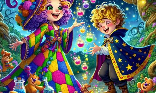 Pocimilda, una bruja alegre con largos cabellos rizados violetas, lleva un vestido de patchwork de colores brillantes. Sonríe con ojos chispeantes de malicia, sosteniendo una varita mágica brillante, rodeada de burbujas de poción coloridas que flotan a su alrededor. Borburio, un joven mago de 10 años con cabello rubio despeinado y una capa azul adornada con estrellas doradas, está a su lado. Se ríe mientras intenta hacer malabares con pequeños renos de peluche que bailan a su alrededor. La escena se desarrolla en un claro encantado, donde árboles de troncos torcidos y hojas brillantes crean un ambiente mágico. Luciérnagas iluminan el aire y flores multicolores crecen por todas partes, añadiendo un toque de fantasía al entorno. Pocimilda y Borburio están preparando un duelo de magia divertido, rodeados de risas y burbujas flotantes, mientras criaturas mágicas curiosas los observan con ojos asombrados.