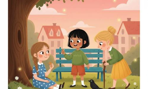 Tre bambine: una di circa 9 anni con treccia castano chiaro e vestito blu a pois seduta a sinistra sull'erba sotto una grande quercia che tiene un biscotto rotto; una di circa 8 anni con capelli neri corti e maglione verde al centro che offre un pezzo di biscotto a un merlo vicino; una di circa 10 anni con capelli biondi raccolti e gonna gialla a destra che cammina lentamente con un bastone intagliato, piegata verso le altre con sguardo benevolo; intorno un parco di villaggio al crepuscolo con erba e margherite, una panchina blu dietro le bambine, case sfocate dai tetti rossi e un cielo rosa-arancio punteggiato di lucciole; scena centrale, calda e tranquilla, colorata con contrasti netti e stile vettoriale infantile, espressioni attente e gentili.