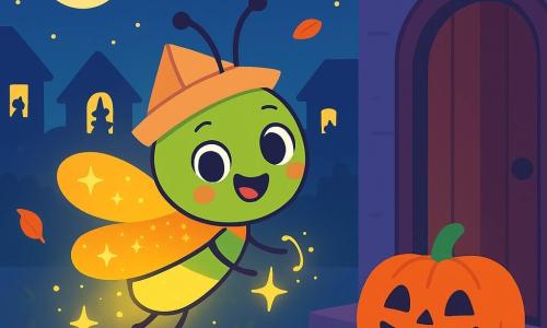 Una pequeña luciérnaga llamada Lila, con una capa dorada brillante y un sombrero de papel, vuela alegremente en la noche de Halloween, sus ojos brillando de emoción. Dibuja estrellas de luz en el aire con su suave y chispeante resplandor. Junto a ella, una calabaza sonriente con dientes cuadrados y ojos traviesos, que parece guiñarle un ojo, está en el umbral de una puerta. Irradia calidez y alegría, como si invitara a Lila a jugar. Al fondo, una calle tranquila está iluminada por la luna redonda y plateada, con casas cuyas ventanas están decoradas con siluetas de gatos, brujas y fantasmas. Hojas de otoño bailan en el viento, añadiendo un toque de magia a la atmósfera. La escena muestra a Lila dibujando formas luminosas en el aire, rodeada de siluetas divertidas, creando un ambiente festivo y encantado para celebrar Halloween.