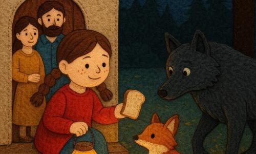 O fetiță de 4 ani, Ana, lină și curajoasă, față rotundă, păr castaniu în cozi și câteva pistrui, ține o mică lampă de sticlă galbenă caldă și întinde o felie de pâine; zâmbește ușor, stă așezată pe o scândură în fața ușii casei. O vulpiță roșcată, mică și ghemuită, se adăpostește lângă lampă, cu blana roșcată și coada stufoasă încolăcită, privind la lampă și la fetiță. Un lup mare și întunecat, siluetă masivă cu blană cenușie cu reflexe albăstrui, stă la marginea luminii, botul plecat și urechile atente, avansând încet spre felia de pâine, cu o expresie surprinsă și ezitantă. Părinții stau în pragul căsuței cu acoperiș roșu, înăuntru, cu posturi protectoare, privind scena. Locație: o lumină de pădure la amurg, sol acoperit cu frunze ocru și verzi, trunchiuri texturate și câteva pietre și rădăcini; cer treptat spre albastru închis cu câteva stele. Situație principală: o scenă tandră și tăcută în care fetița oferă pâine sub o lumină rotundă și caldă, vulpița se încălzește, iar lupul ezită să pătrundă în cercul de lumină; contrast puternic între lumina galbenă blândă și umbrele albăstrui. Stil: efect de applique textil, margini cusute vizibile, materiale cu model, texturi de fetru și lână, culori calde pentru lumină și tonuri reci pentru umbre, compoziție centrată și clară pentru copii de 4 ani.