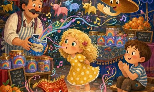 O fetiță de 4 ani, veselă și uimită, fluieră o melodie scurtă; are păr blond buclat, ochi mari verzi, rochie cu buline galbene și pantofi roșii, stând în centru ușor aplecată înainte. Un vânzător de vreo 50 de ani, cu mustață și zâmbet, poartă un șorț în dungi și ține un borcan deschis cu "curcubeu" în stânga ei, privind uimit. Un băiat de circa 6 ani, cu obraji rotunzi și roz și păr scurt cărămiziu, stă pe o băncuță la dreapta fetiței și aplaudă încântat. O pelerină-pălărie animată cu panglică roz plutește deasupra unui tarab, ca o prietenă care aplaudă; un covoraș pliant roșu și auriu dansează pe jos în fața fetiței. Piața e colorată și jucăușă, corturi roșii, verde smarald și albastru intens, tarabe cu borcane luminoase ce conțin curcubee, origami pastel suspendate, ghirlande de clopoței aurii și coșuri cu portocale zâmbitoare; pavajul are tonuri calde. Scena principală: fetița fluieră iar țesăturile și obiectele din piață prind viață în vârtejuri vii și dansuri mici, motive și note muzicale vizibile ca panglici pastel care ies din borcanul cu "curcubeu" și înconjoară tandru personaje. Stil: guașă, tușe moi și texturate, paletă luminoasă și saturată, margini ușor estompate, atmosferă caldă, compoziție centrată și lizibilă pentru un copil de 4 ani.