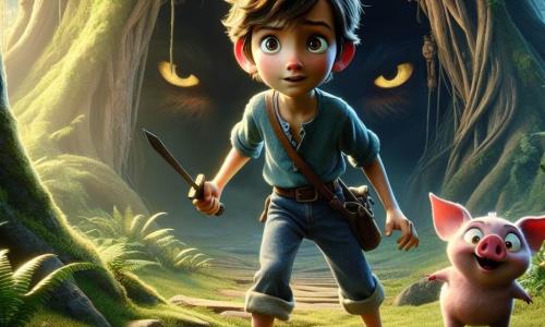 Um garoto de 10 anos, Lucas, está corajosamente diante de uma caverna escura, com o rosto determinado e os olhos brilhando de coragem. Ele tem cabelos castanhos bagunçados, uma camisa azul e calças de lona, segurando uma pequena espada de madeira, pronto para enfrentar o perigo. Ao seu lado, um travesso porquinho rosa, chamado Pipo, observa com olhos arregalados, pronto para apoiar seu amigo. Pipo está todo animado, com as orelhas em pé, posicionado logo atrás de Lucas, exibindo uma expressão de encorajamento. A cena se passa na entrada de uma caverna misteriosa, cercada por árvores gigantescas e samambaias luxuriantes que parecem sussurrar segredos. A luz do sol filtra através das folhas, criando sombras dançantes no chão. Lucas se prepara para entrar na caverna e enfrentar o Grande Lobo, uma criatura massiva com olhos amarelos penetrantes e pelagem escura, que está lá dentro, rugindo desafiadoramente. A atmosfera é tensa, cheia de adrenalina e excitação, enquanto Lucas se posiciona firmemente, pronto para provar sua bravura.
