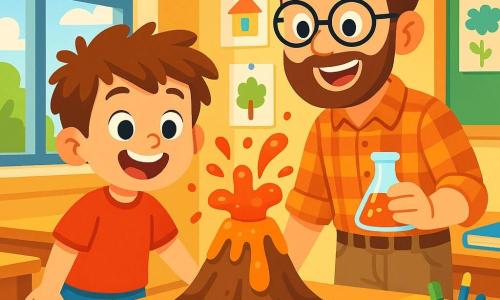 A 6-year-old boy named Jimmy, with messy brown hair and a big amazed smile, stands in front of a papier-mâché volcano on a desk. He wears a bright red t-shirt and blue shorts, his eyes sparkling with joy and excitement. Next to him, Mr. Johnson, a man in his thirties with round glasses and a well-groomed beard, smiles proudly, dressed in a plaid shirt and beige pants, holding a bottle of colored liquid. The scene takes place in a bright classroom with walls decorated with children's drawings and windows letting in sunlight, illuminating the wooden desks. Books and school supplies are scattered across the tables, adding liveliness to the environment. The main situation shows Jimmy pouring the colored liquid into the volcano, which begins to erupt with bubbly red 