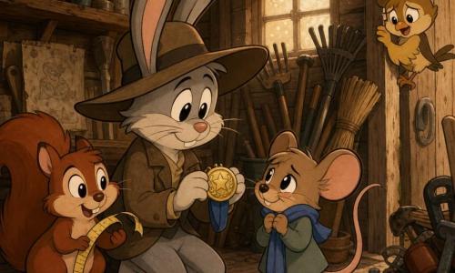 Bramble Rabbit, a calm, kind detective with light gray fur and a wide felt hat, gently holds a gold medal while looking at Juniper Mouse, a small shy brown mouse clutching a blue scarf and offering the medal; Tansy Sparrow, a small yellow-and-brown bird, perches on the shed doorframe looking relieved, and Pip Squirrel, a curious red-furred squirrel with chubby cheeks, stands beside Bramble holding a yellow tape measure; the scene is inside a small wooden shed with dusty window light, cluttered shelves and rusted tools, conveying a warm, intimate moment of the medal's return in a retro cartoon style with curved lines, simple shadows, and warm wood-and-gold tones.