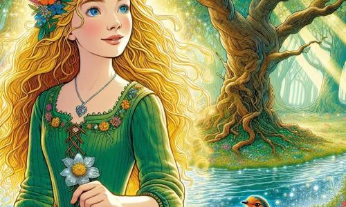 Isolde, a young woman with golden hair like rays of sunshine, stands at the edge of a sparkling river. Her light blue eyes shine with bold determination, and a slight smile brightens her face. She wears a green linen dress adorned with wildflowers and holds a delicate silver flower behind her ear. Beside her, a small robin with bright red feathers perches on her shoulder, its eyes sparkling with concern but also hope, seemingly ready to guide Isolde in her quest. The setting is an enchanted forest, with majestic trees and whispering leaves. Light filters through the foliage, creating dancing patterns on the mossy ground filled with colorful flowers. The main scene shows Isolde, determined and courageous, ready to cross the magical river to save the Silver Queen, while the robin encourages her to move forward, symbolizing friendship and support in the adventure.
