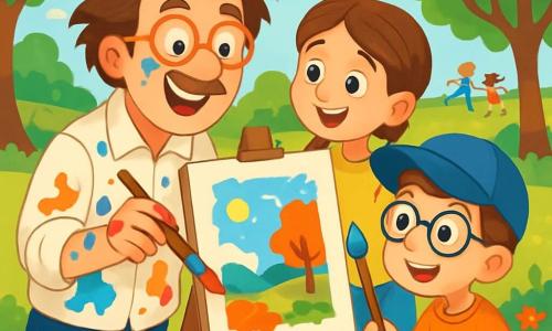 A man named Maestro Marco, with messy hair and funny glasses, joyfully smiles while painting on a large easel. He wears a white shirt stained with bright colors and his hands are covered in paint. Next to him, Lucy, a 10-year-old girl with braided brown hair and a yellow t-shirt, watches in awe at the ongoing painting. Timmy, a 9-year-old boy with round glasses and a blue cap, holds a brush and prepares to paint, his eyes sparkling with excitement. The scene takes place in a sunny park, surrounded by green trees and colorful flowers, with children playing in the background. The ground is covered with leaves and small pebbles. Maestro Marco and the children are gathered around art, sharing laughter and creative ideas, while splashes of colorful paint on the ground reflect their enthusiasm.