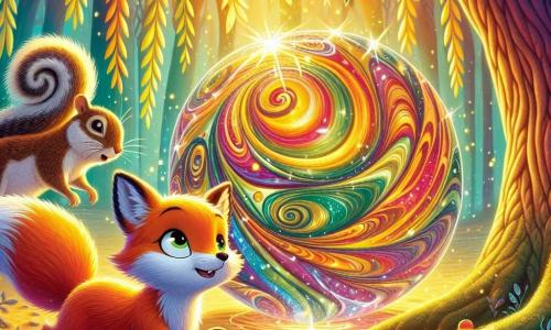 A young fox with a fiery coat and sparkling curious eyes stands before a shimmering pearl with swirling colors, her expression a mix of wonder and determination. Beside her, a silky-furred squirrel with mischievous eyes hops excitedly, observing the pearl with great curiosity. A wise old turtle, with a shell adorned with natural patterns, stands back, squinting with a look of deep contemplation. The scene unfolds under a large willow tree with drooping branches, in a glade bathed in golden light, where sunbeams filter through the foliage, creating dancing shadows on the moss-covered ground. At the center of this glade, the magical pearl shines brightly, illuminating the faces of the characters around it. Lira, the fox, reaches out toward the pearl, ready to embrace her adventurous destiny.