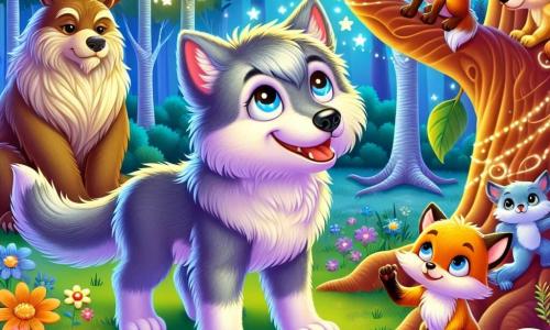 A young wolf with star-like bright eyes and soft silver fur stands proudly at the center of the scene, his expression full of determination and curiosity. Beside him, a fiery-furred vixen with mischievous eyes perches on a low branch, encouraging him with a playful smile. In the background, a majestic bear with golden fur and powerful paws watches kindly, while a wise owl with creamy feathers and large round eyes keeps watch from a high branch. The setting is an enchanted clearing bathed in the soft light of dusk, where silver-leaved trees shimmer like stars. Colorful flowers and lush grasses cover the ground, creating a vibrant carpet. The main situation shows the wolf, surrounded by his friends, ready to climb a majestic tree to reach a sparkling feather, a symbol of wisdom and friendship, as all the animals cheer him on enthusiastically.