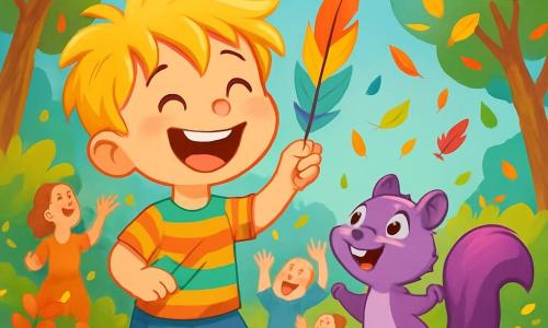 A 6-year-old boy named Timmy, with messy blonde hair and sparkling curious eyes, is joyfully laughing while holding a colorful feather in his hand. He wears a striped t-shirt and blue shorts, and his face shows great excitement. Beside him is a purple squirrel named Squeaky, with shiny fur and a bushy tail, happily jumping around with mischievous eyes. They are in an enchanted forest where trees dance and flowers sing, with multicolored leaves falling around them. The main scene shows Timmy and Squeaky making colorful feathers rain down from the clouds, while villagers laugh and enjoy catching the soft feathers that fall like a shower of happiness.