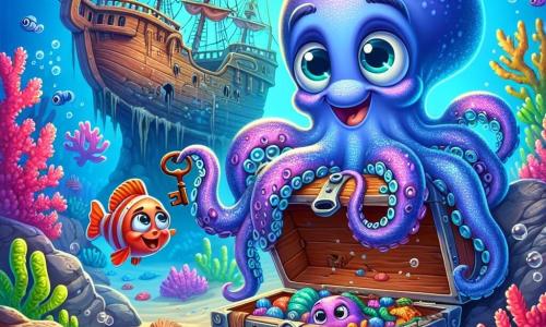 Un polpo curioso di nome Timo, con tentacoli vibranti di blu e viola, esplora un relitto sottomarino, i suoi occhi rotondi brillano di eccitazione. Tiene una chiave arrugginita in un tentacolo, ammirando un vecchio baule di legno coperto di alghe. Vicino a lui, un piccolo pesce rosso, con squame scintillanti e un sorriso gioioso, nuota attorno a Timo, mostrando il suo entusiasmo. Nonno Gus, un granchio saggio con un guscio rugoso e occhi maliziosi, si trova su una roccia, osservando la scena con orgoglio e incoraggiamento. Il relitto, maestoso e misterioso, è circondato da coralli colorati e pesci multicolori, creando un mondo sottomarino incantevole. Timo e i suoi amici scoprono il tesoro nascosto, pieni di meraviglia e avventura.