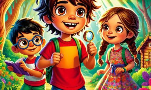 Um menino de 8 anos, Tiago, com cabelos castanhos bagunçados e olhos brilhantes de curiosidade, está no centro da cena, com um largo sorriso de empolgação. Ele usa uma camiseta vermelha e um shorts azul, segurando uma pequena lupa na mão direita, pronto para explorar. Ao lado dele, Ana, uma menina de 7 anos com longos cabelos loiros trançados, veste um vestido colorido com flores e observa ao redor com uma expressão de deslumbramento. Pedro, um garoto de 8 anos com óculos e cabelos pretos, está um pouco atrás, segurando um caderno e um lápis, pronto para anotar. A cena acontece em uma floresta verdejante, com árvores majestosas e raios de sol filtrando através das folhas, iluminando o chão. No centro, uma pequena cabana de madeira coberta de hera se destaca, cercada por flores silvestres coloridas. Tiago, Ana e Pedro estão diante da cabana, intrigados e prontos para descobrir os segredos que ela guarda, com olhares cheios de antecipação e aventura.