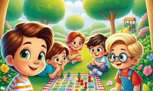 Em um parque ensolarado, Lucas, um menino de seis anos com cabelos castanhos e olhos brilhantes, está à esquerda, com um sorriso caloroso no rosto. À sua direita, Pedro, outro menino de seis anos com cabelos loiros e óculos redondos, observa Lucas com curiosidade. Os dois amigos estão cercados de vegetação, com árvores floridas e um céu azul claro ao fundo. No centro da imagem, um grupo de quatro crianças, dois meninos e duas meninas, discute em torno de um jogo de tabuleiro espalhado em uma toalha de piquenique. Os meninos vestem camisetas coloridas, enquanto as meninas usam vestidos alegres. Todos parecem preocupados, mas Lucas e Pedro se aproximam com expressões amigáveis, prontos para ajudar. O parque está cheio de flores coloridas, risos de crianças e a suave luz do sol filtrando pelas folhas. Ao longe, há um escorregador e balanços onde outras crianças brincam alegremente. A situação principal mostra Lucas e Pedro intervindo para ajudar os colegas a resolver um conflito sobre quem deve ser o líder de um jogo, destacando a importância da comunicação e da amizade.