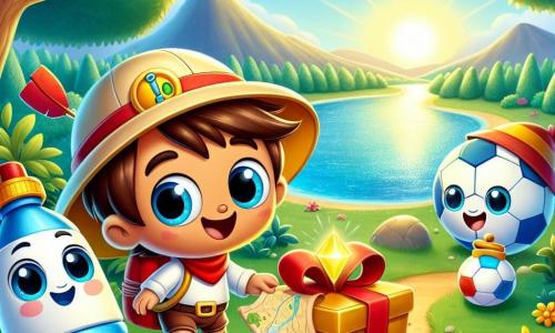 No primeiro plano, Tico, um pequeno chapéu de explorador com uma aba larga e um pompom vermelho brilhante, exibe uma expressão de empolgação e curiosidade, segurando um mapa do tesouro em suas pequenas mãos. Ao seu lado, Gigi, uma garrafinha de água alegre com um sorriso radiante, está pronta para ajudá-lo, com seu bico apontando para o lago cintilante. Um pouco mais adiante, Bolinha, uma bola de futebol colorida, rola alegremente, com os olhos brilhando de felicidade, enquanto Dudu, um caderno de desenho com páginas em branco, esboça um plano de sua aventura com um lápis. O cenário é um parque ensolarado, repleto de grandes árvores com folhas verdes, flores vibrantes e um lago de águas cristalinas que refletem o céu azul. Ao fundo, uma colina suave se ergue, adicionando profundidade à cena. A situação principal mostra Tico e seus amigos descobrindo uma caixa dourada flutuando perto da margem, cercados por uma atmosfera de empolgação e camaradagem, prontos para abrir o tesouro juntos.